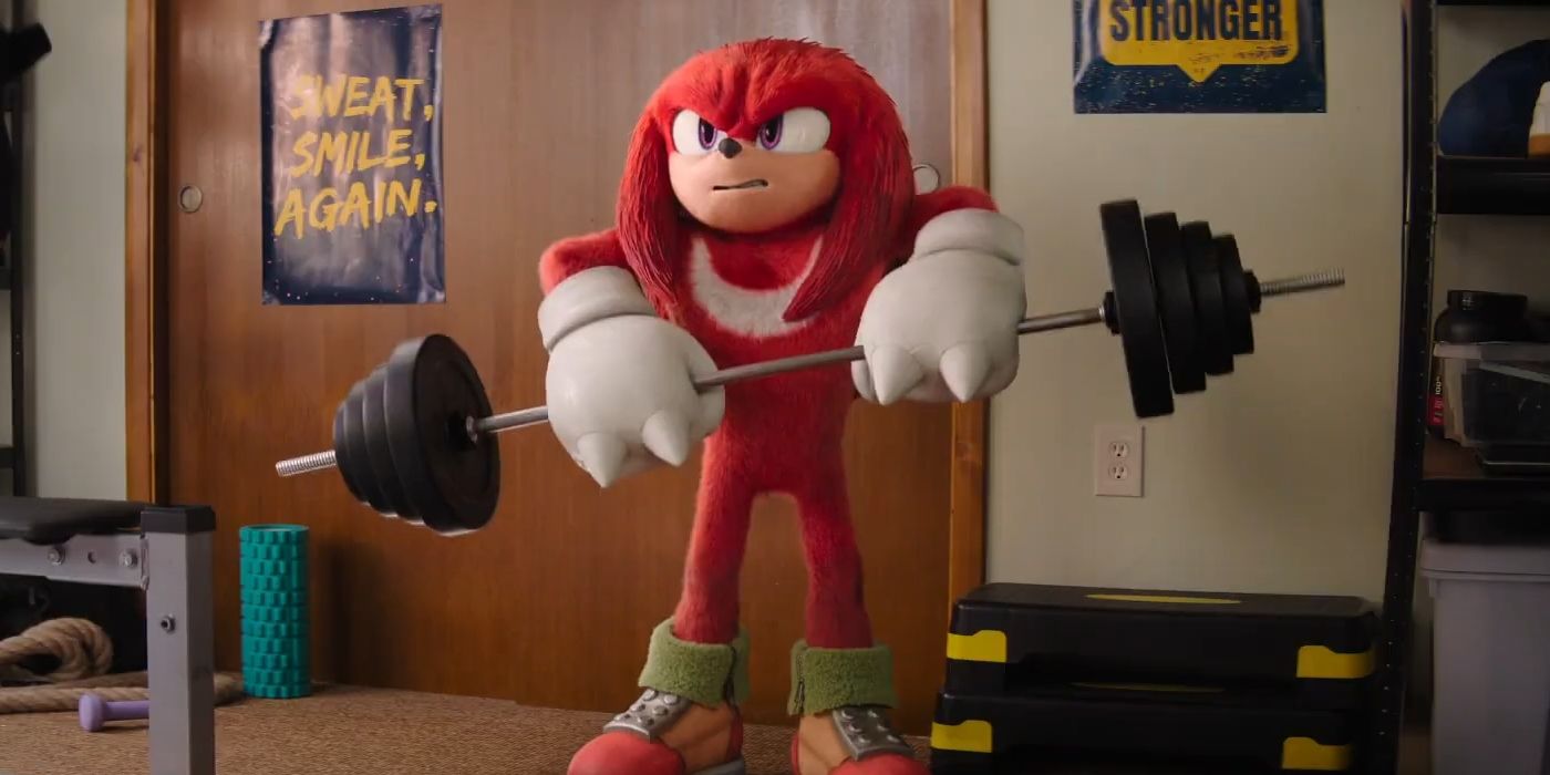 Knuckles the Echidna lifts a dumbbell in his gym in the Knuckles TV series