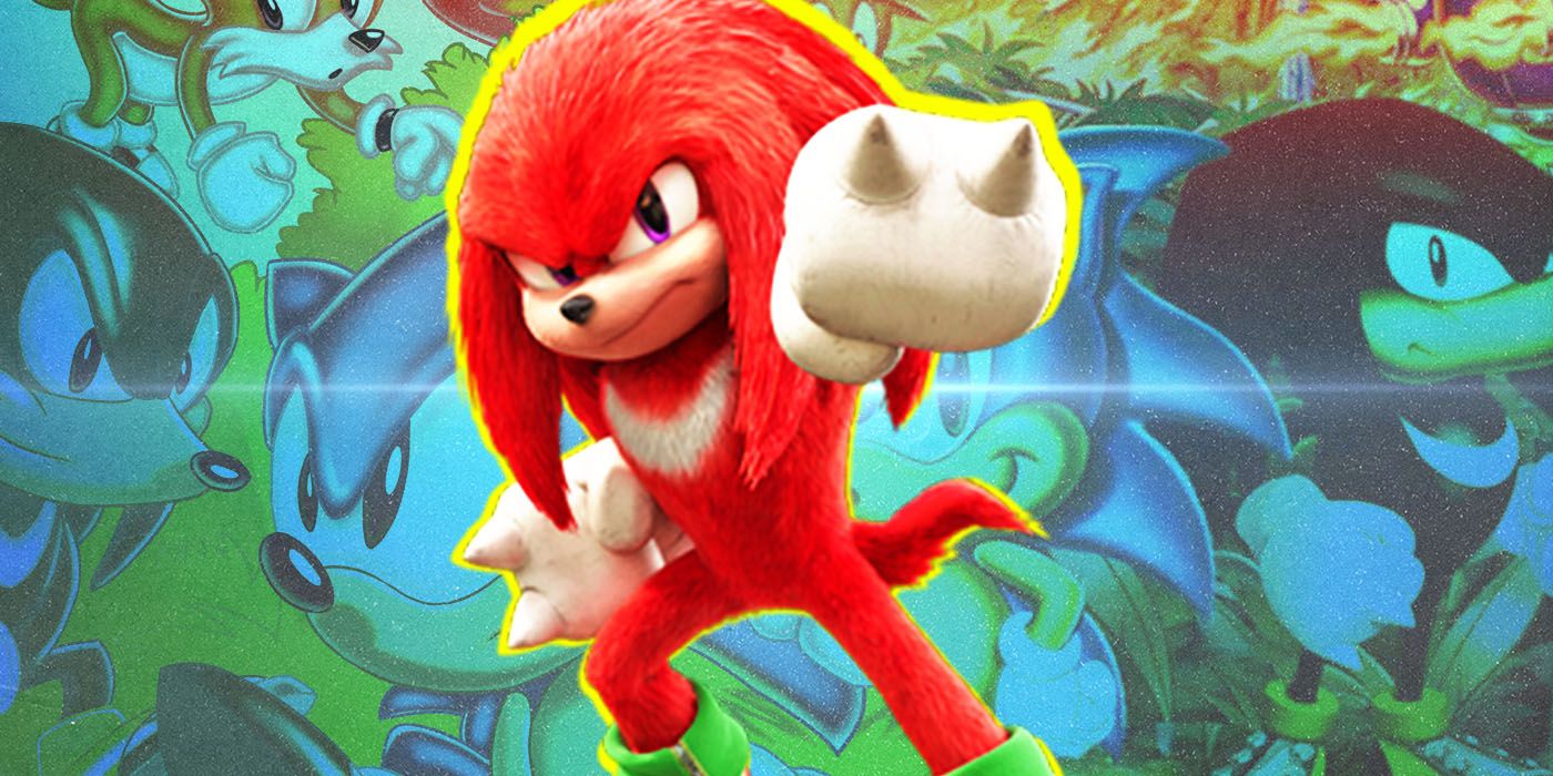 Knuckles the Echidna in front of images from the Sonic games.