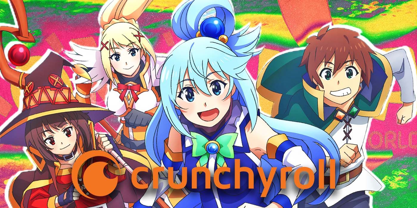 Konosuba Season 3 characters and the official Crunchyroll logo