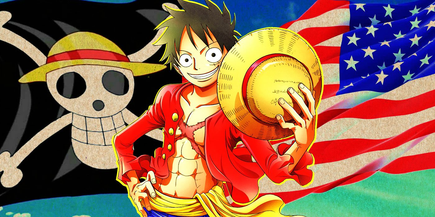 Luffy from One Piece in front of his pirate ship flag and the American flag