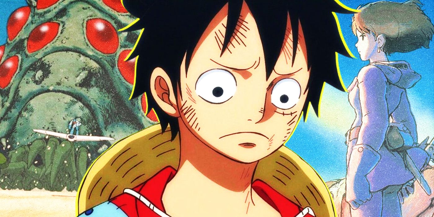 One Piece's Luffy looking sad with Nausicaä from Ghibli's Valley of the Wind in the background