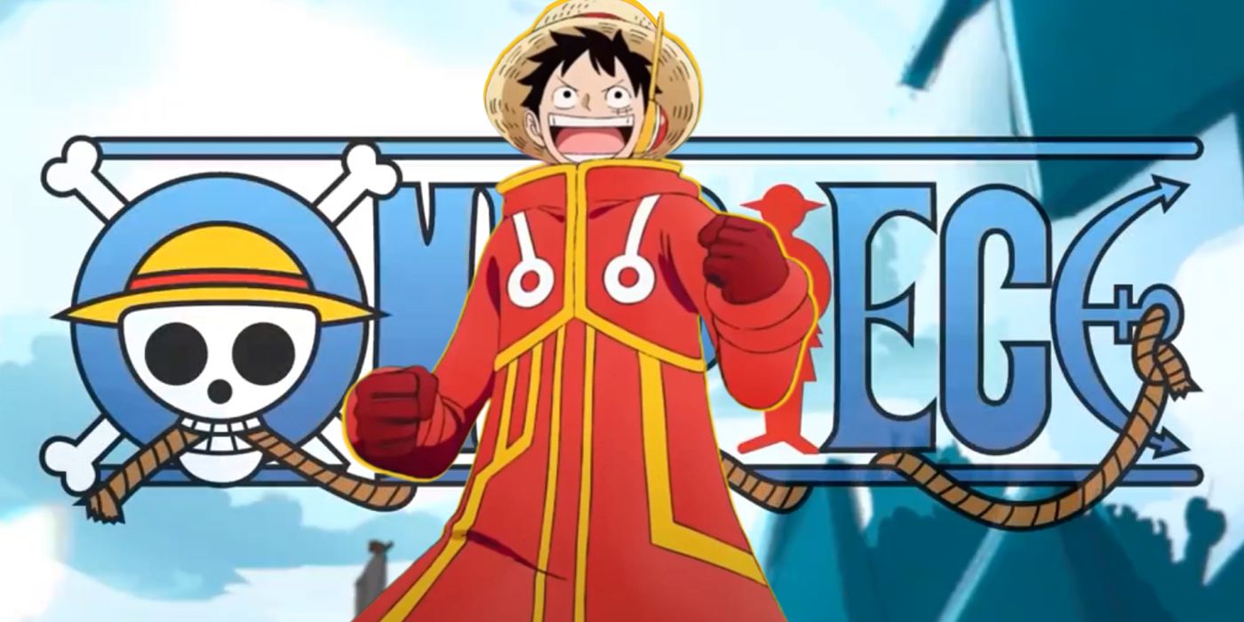 Luffy from the Egghead anime arc in front of a blue One Piece logo