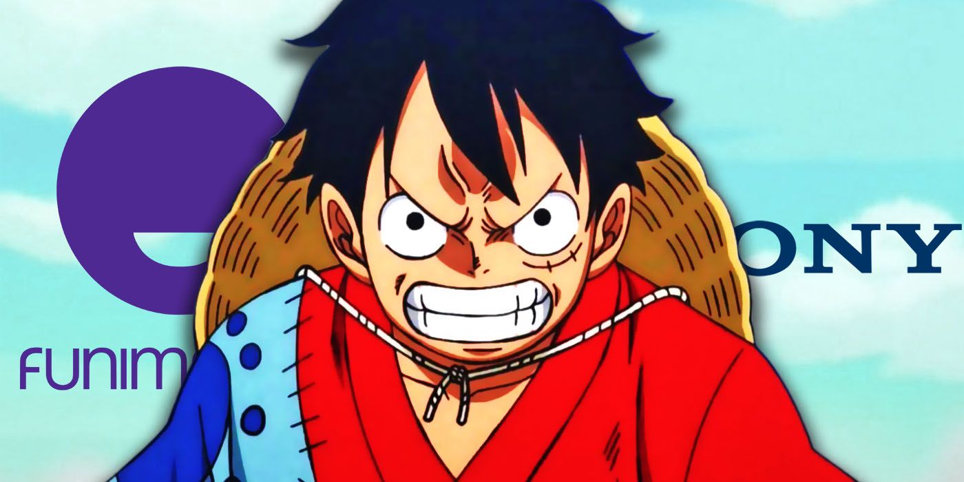 Luffy from One Piece looking angry in front of the Funimation and Sony logos