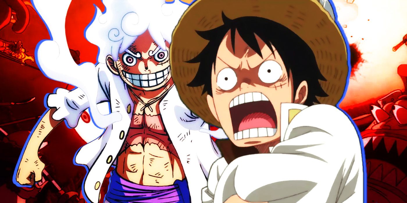 Luffy in his Gear 5 form and in his normal form looking shocked in One Piece