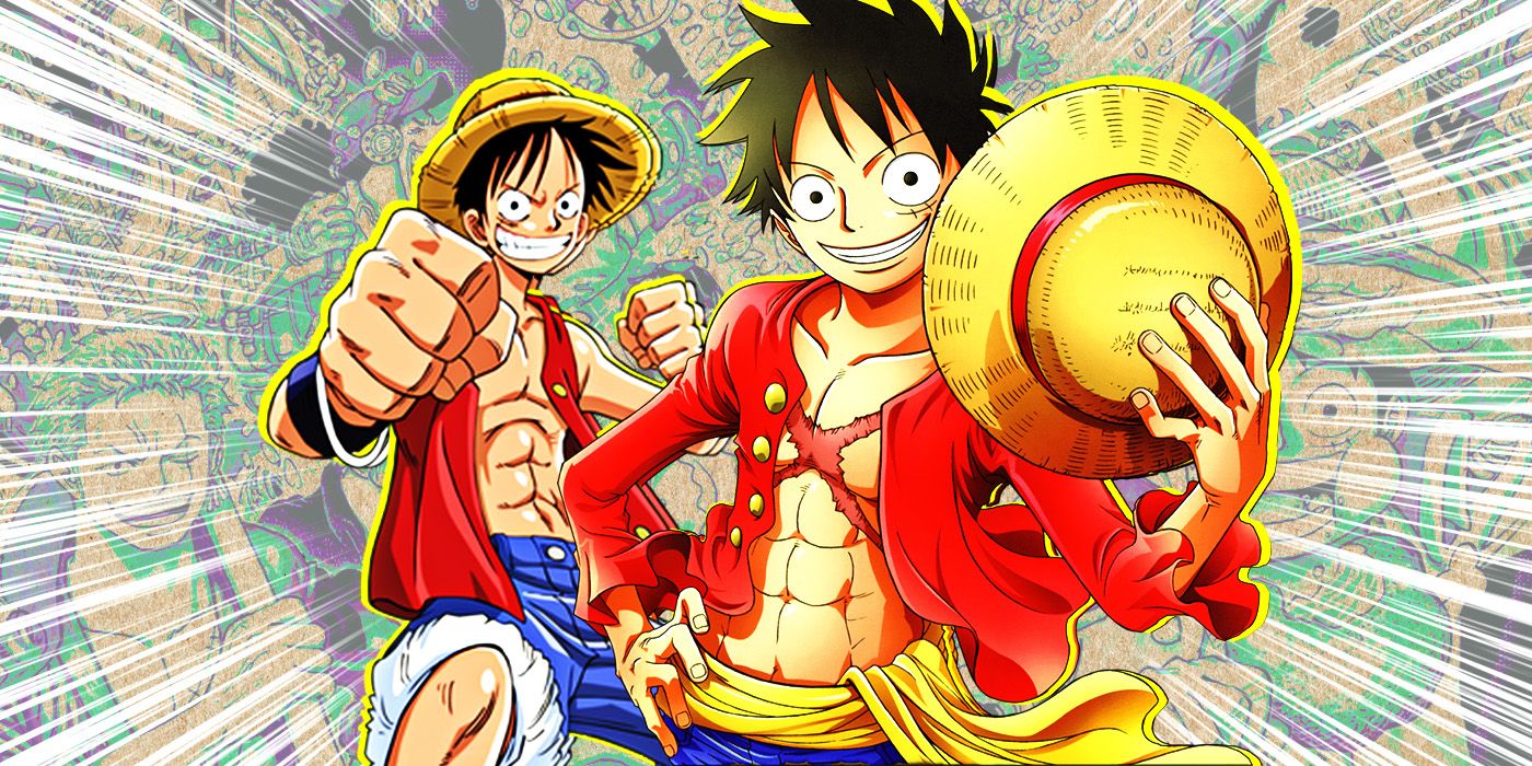 Luffy smiling with his straw hat pre and post-timeskip from the One Piece anime