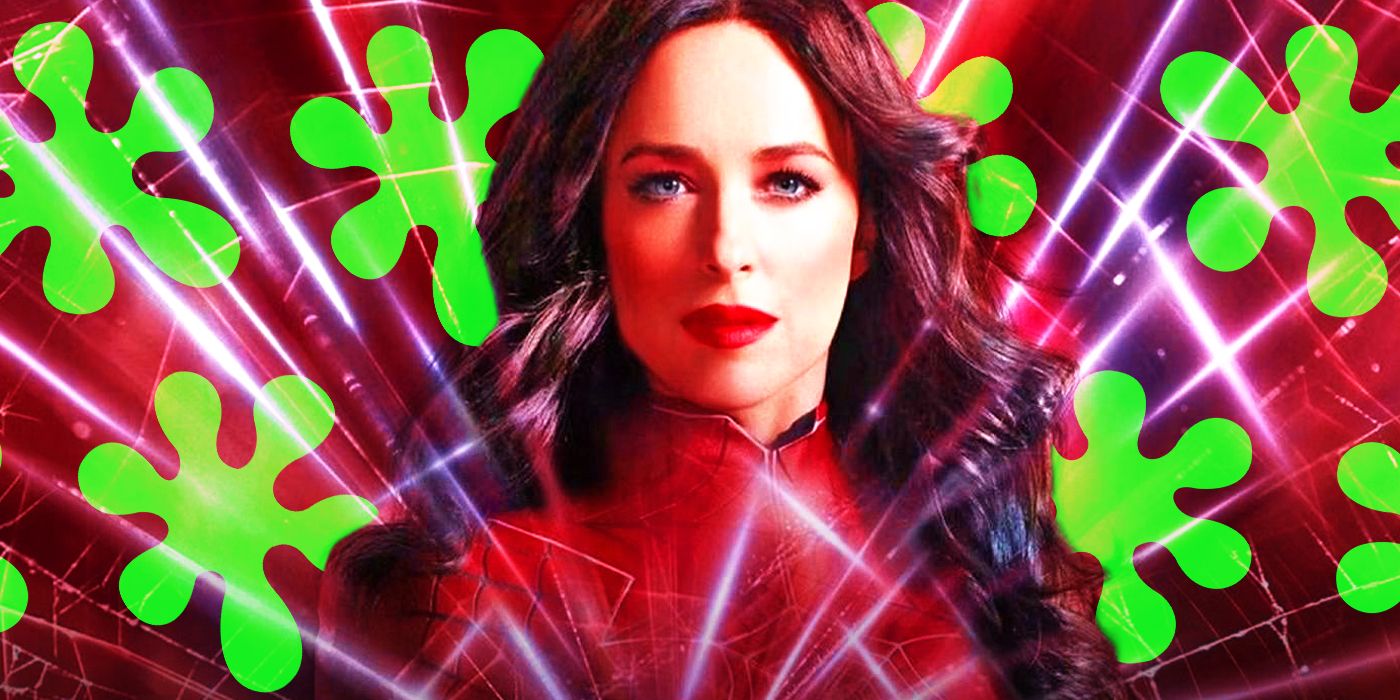 Madame Web movie poster art with the Rotten Tomatoes splatters in the background