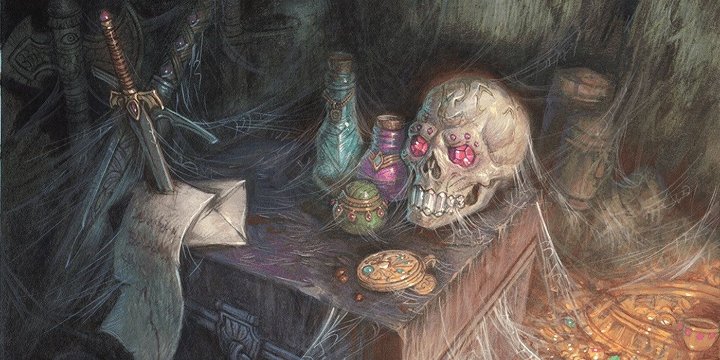 magic items gathered together in dungeons and dragons, such as a sword, potions, and a skull