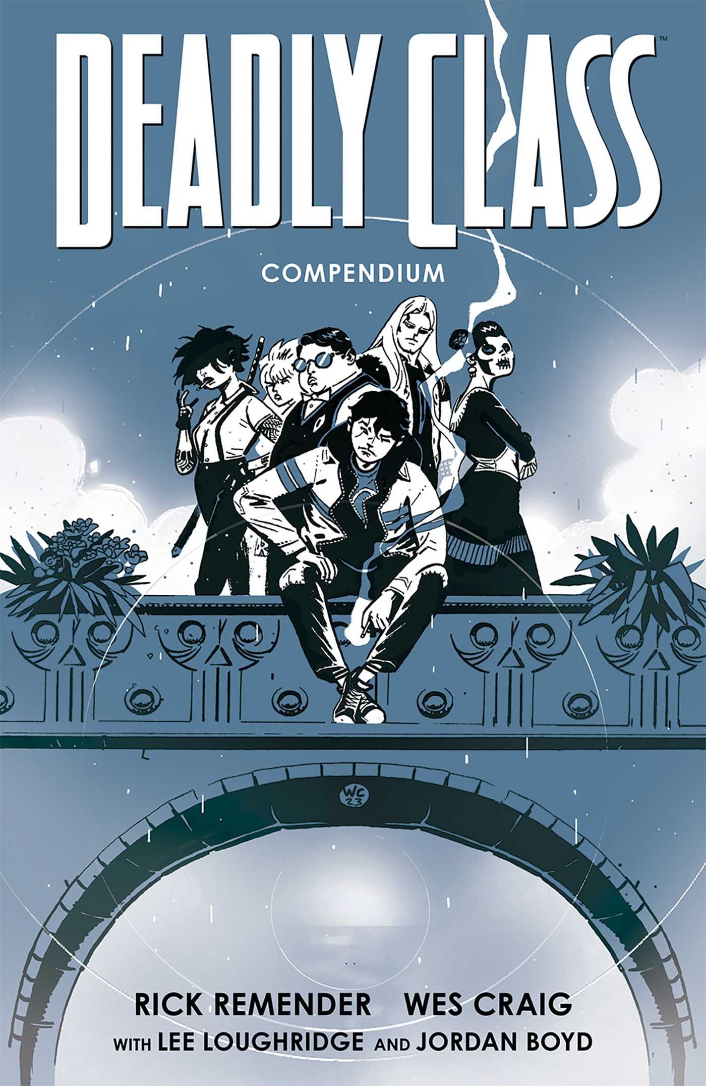 Marcus and his classmates sit on a bridge in Deadly Class