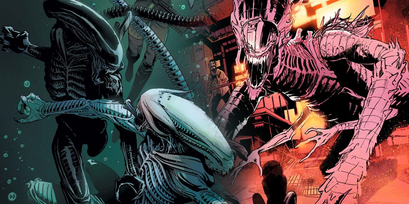 Split image of xenomorphs fighting from Marvel's Alien #4