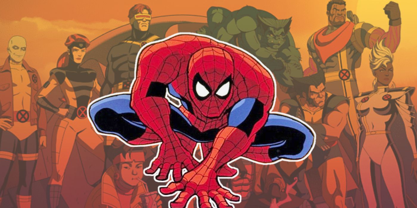 Spider-Man form the animated series with the cast of X-Men '97 in the background