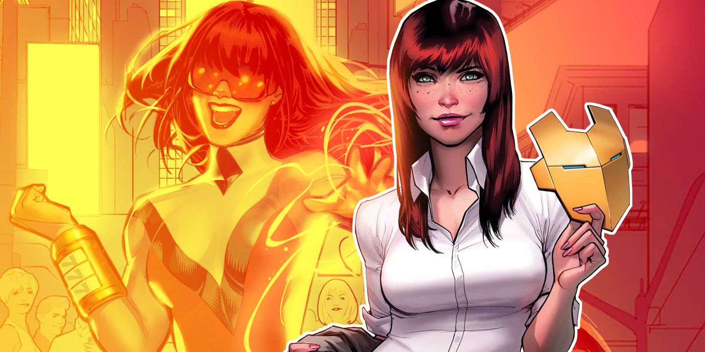 Mary Jane Watson holding Iron Man's faceplate with Jackpot using her powers in the background