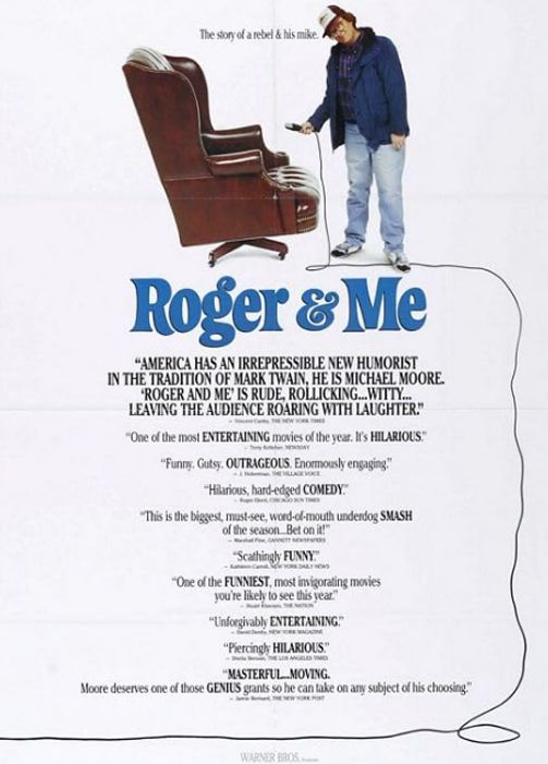 Michael Moore in front of an empty chair in Roger & Me cover art