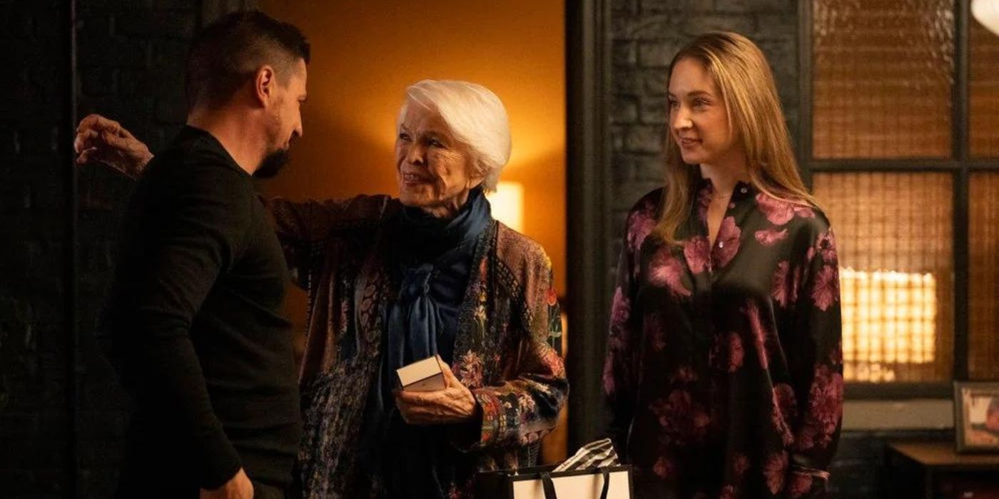 Michael Trotter as Joseph Stabler, Jr. talks with Ellen Burstyn as Bernie Stabler and Allison Siko as Kathleen Stabler on Law & Order_ Organized Crime