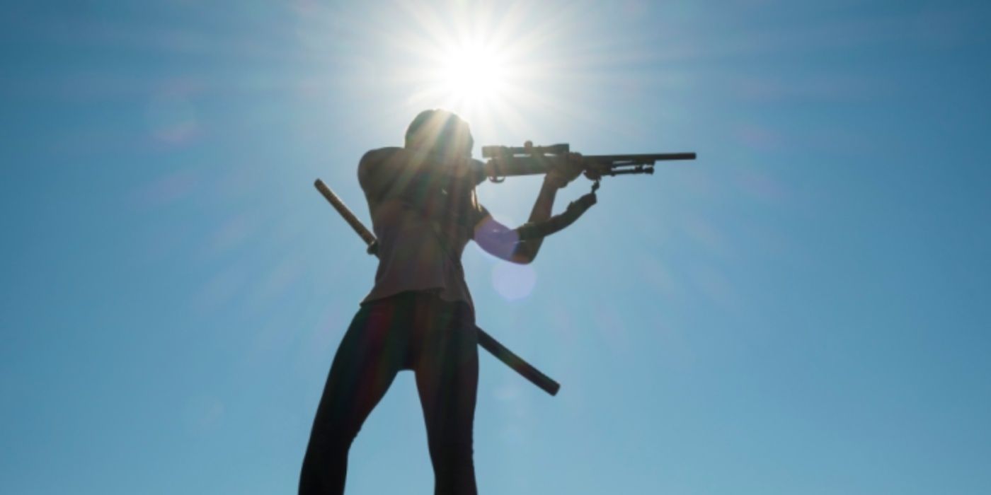 Michonne (Danai Gurira) with a rifle in TWD
