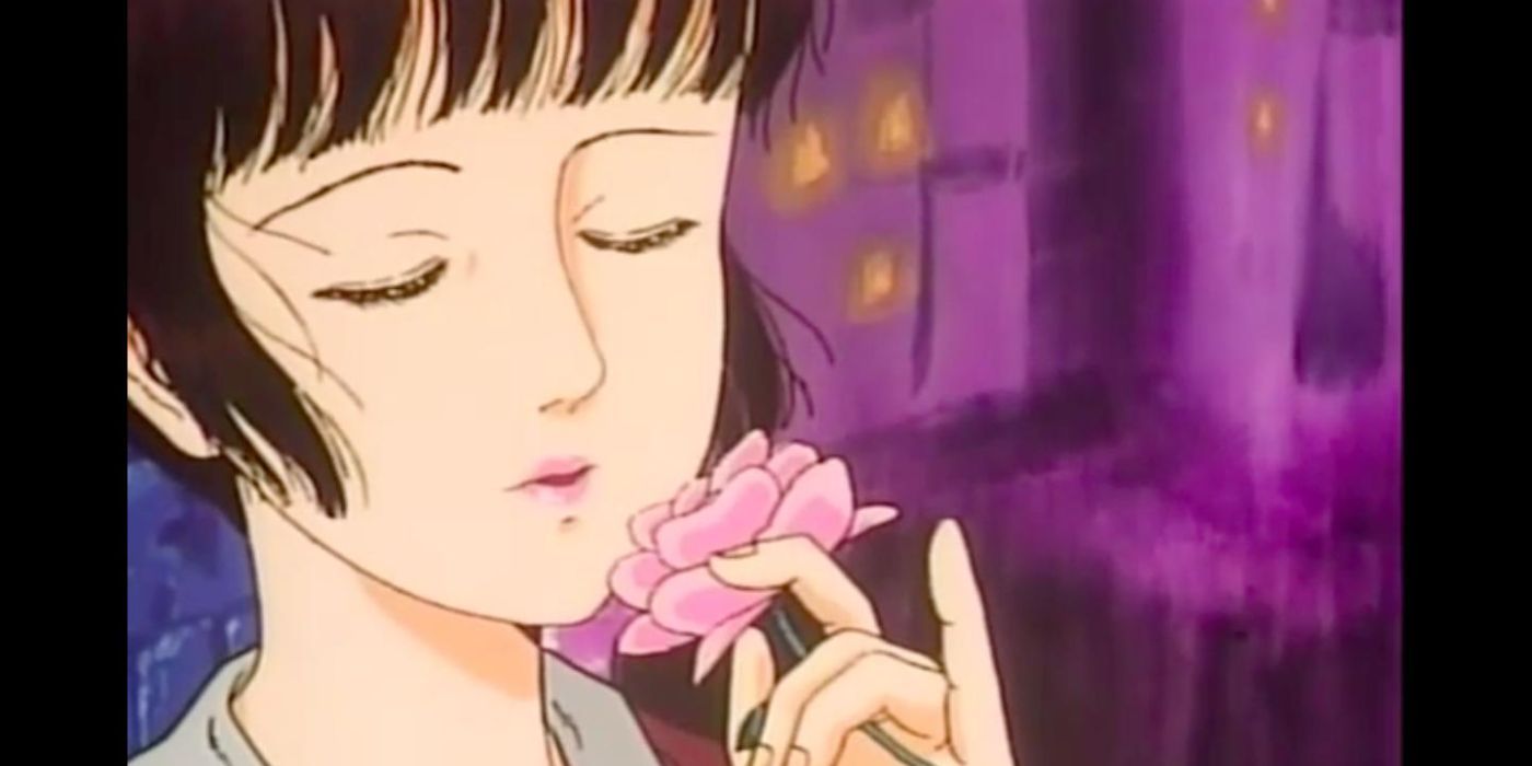Shoujo Tsubaki smelling a flower.