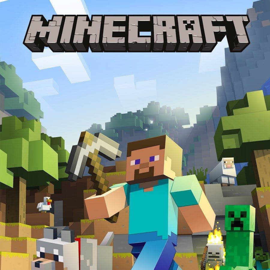 Steve walking with a pickaxe in cover art for Minecraft