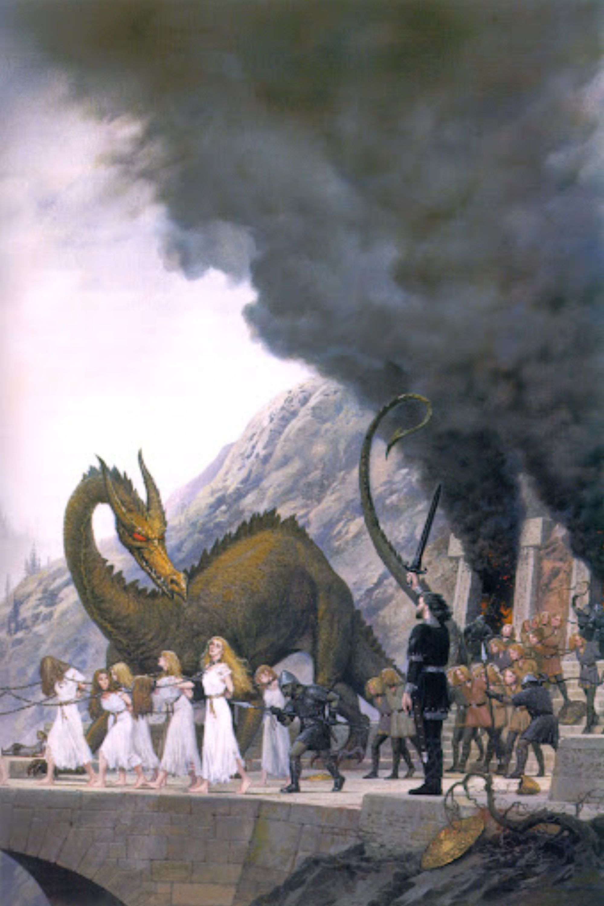 Glaurung uses his powers to bewitch Turin, as orcs drive Finduilas and the Elves of Nargothrond away