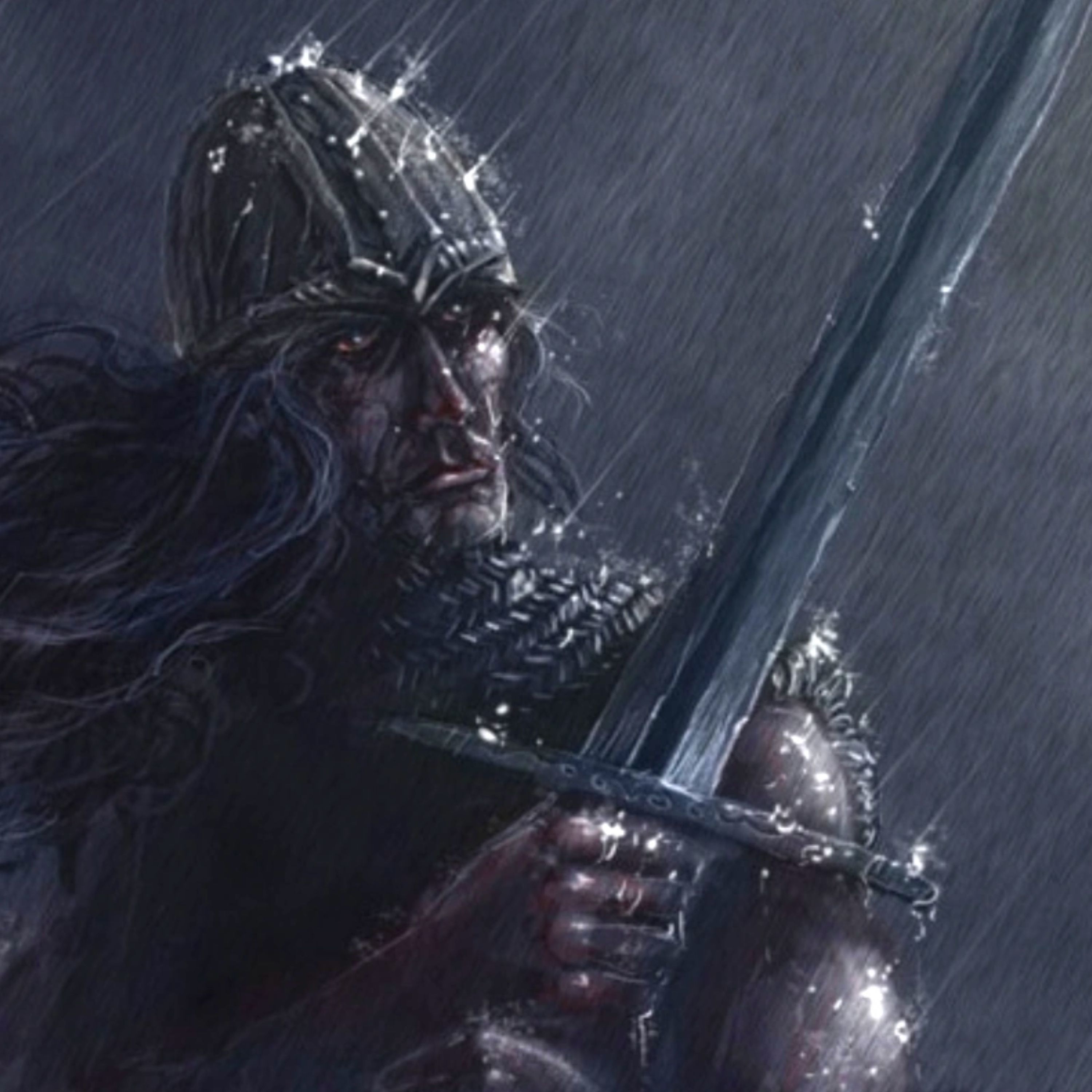 Turin in the rain, holding his sword