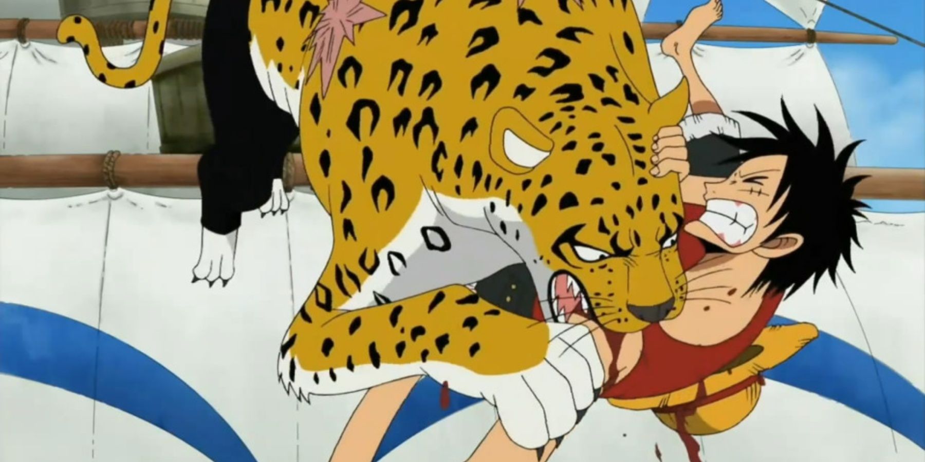 Leopard Rob Lucci bites Monkey D. Luffy in One Piece