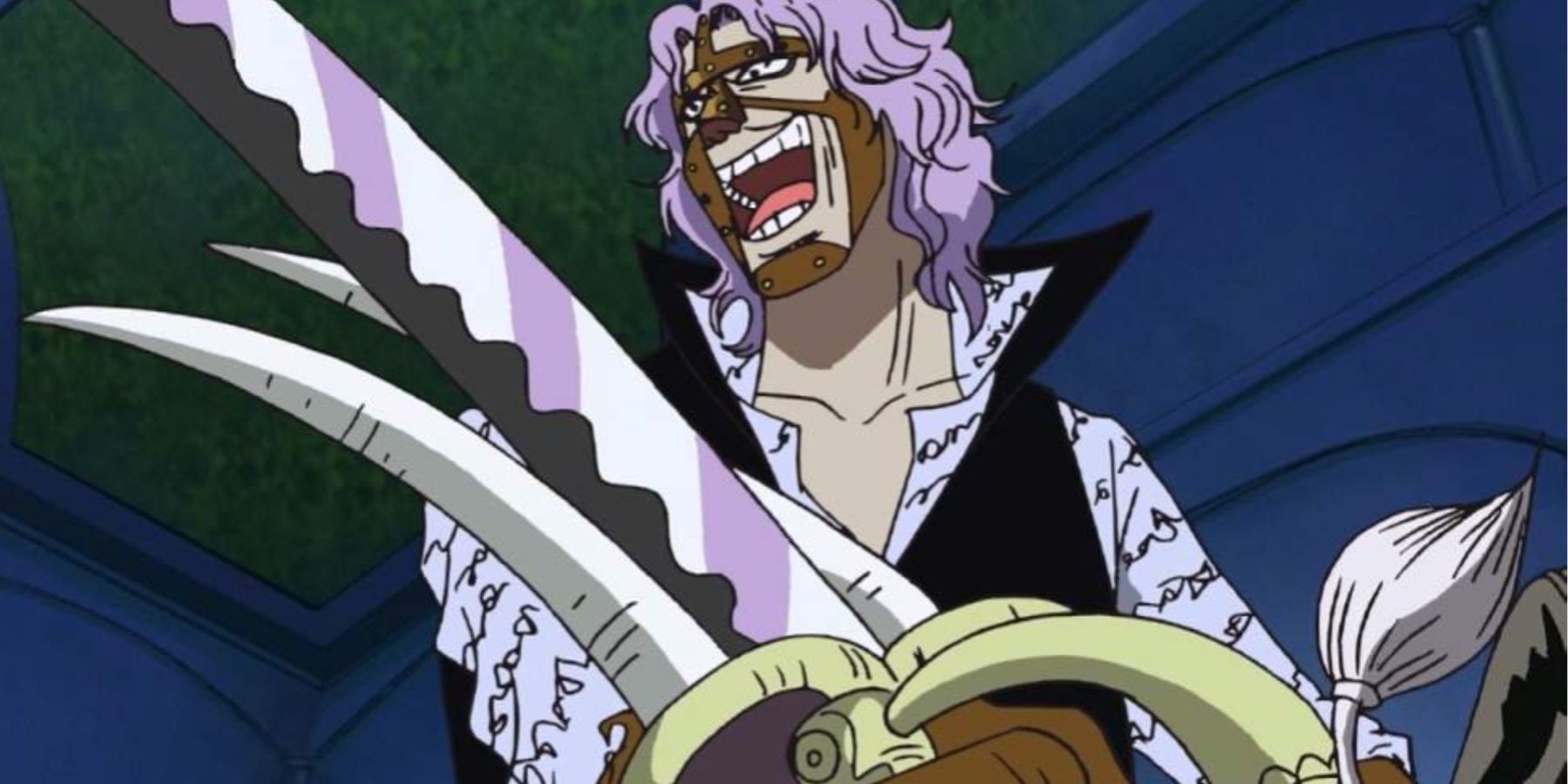 Spandam holding Funkfreed in its sword form in One Piece