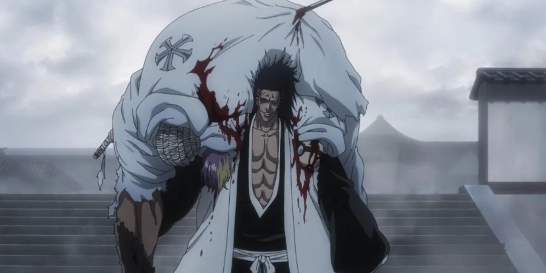 Kenpachi Zaraki with three dead Sternritter on his back in Bleach; The Thousand-Year Blood War 
