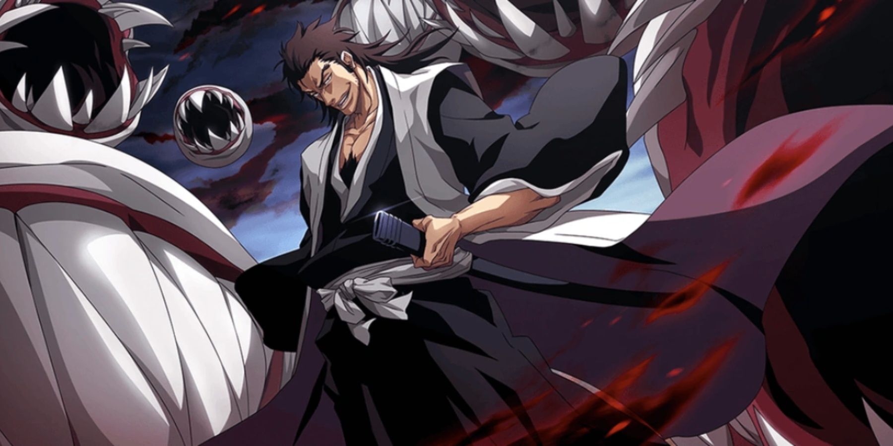 Kenpachi Kuruyashiki lançando seu Zanpakuto na arte do personagem de Bleach: Brave Souls