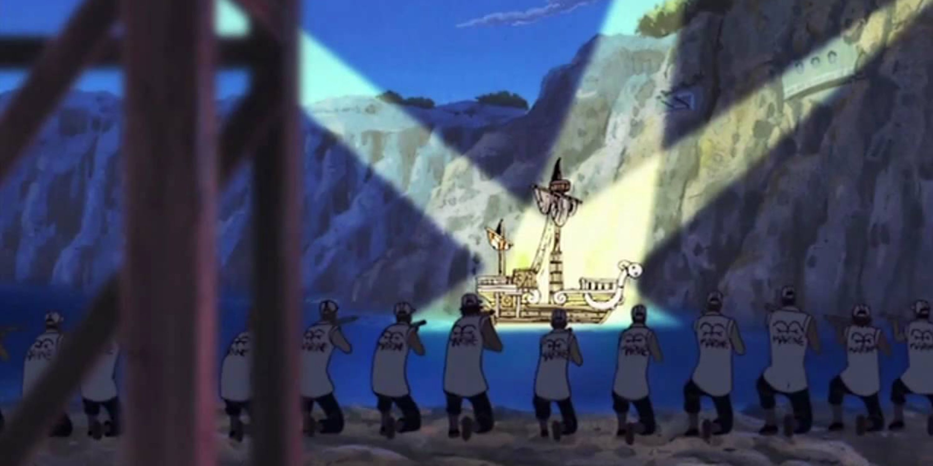 Spotlights hit the Going Merry in One Piece's G-8 Filler Arc.