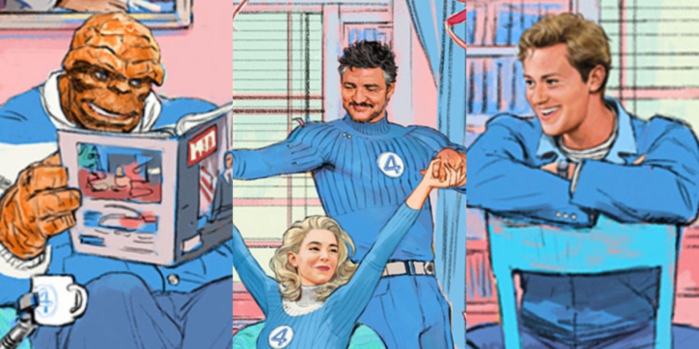 Ben Grimm/The Thing reads Life Magazine, Reed Richards tries to entice Sue Storm into a dance, and Johnny Storm hangs out with friends and family in The Fantastic Four.