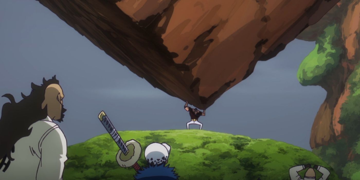 Jesus Burgess lifting a mountain over his head in One Piece