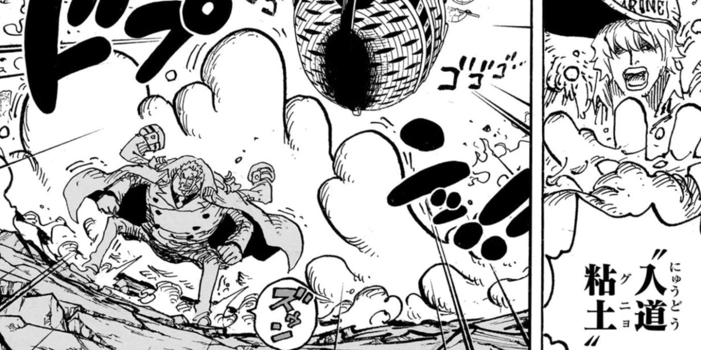 Prince Grus protecting a battlleship and Garp by creating clay with the Glorp-Glorp Fruit in the One Piece manga
