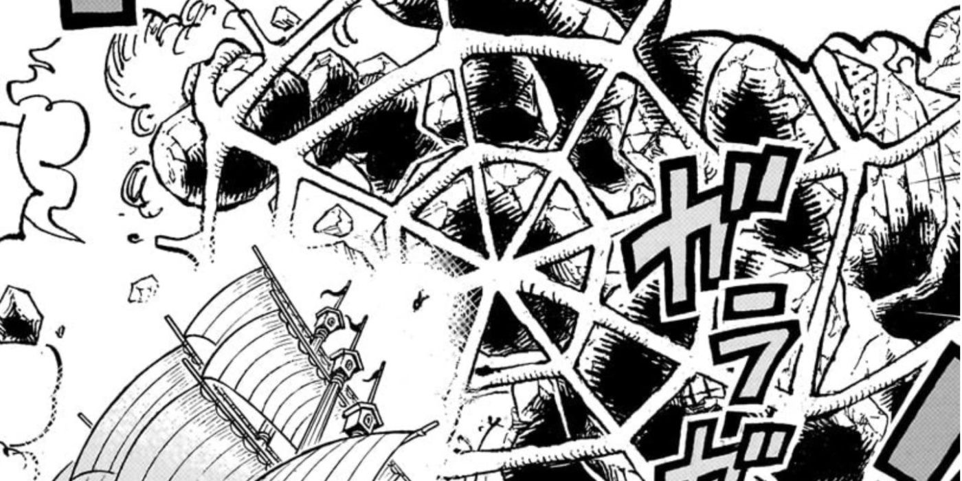 Prince Grus trying to block the Isle-Isle Fruit's attack with clay in the One Piece Manga