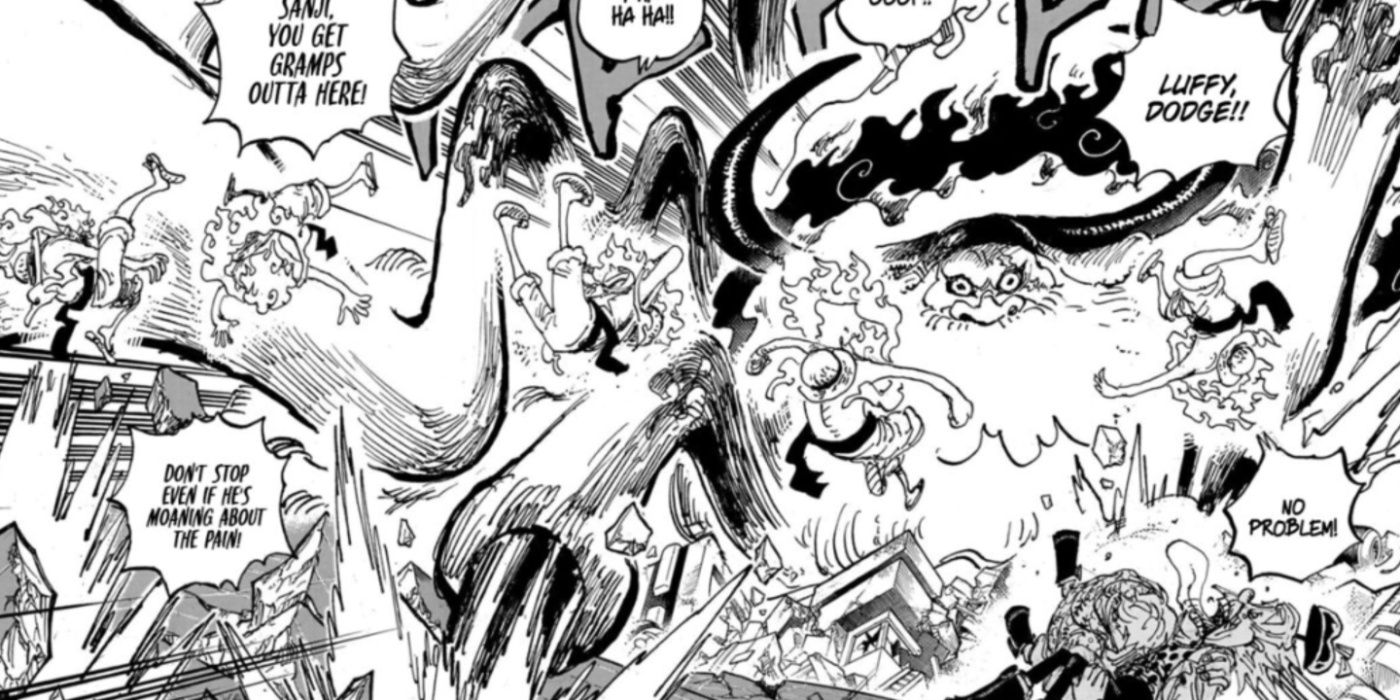 Saint Jaygarcia Saturn attacking Bonney and Straw Hats in his beast form in the One Piece manga