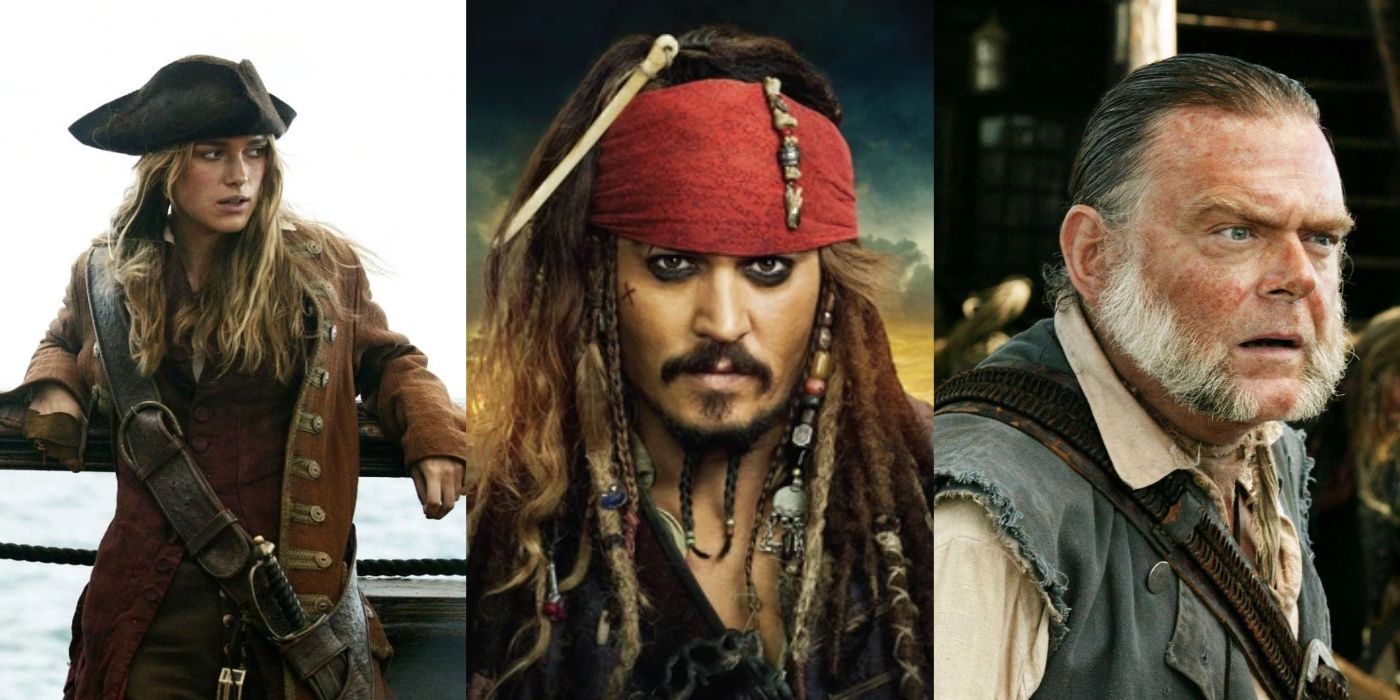 Elizabeth Swann hangs out on the Black Pearl, Jack Sparrow looks serious, and Gibbs is disturbed by something offscreen in Pirates Of The Caribbean.