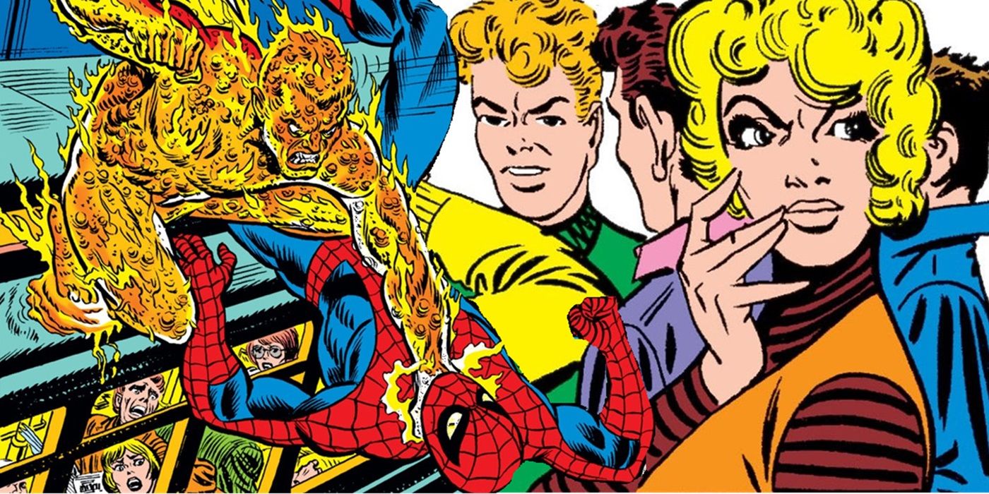 Spider-Man versus Molten Man, with Liz Allan in the background