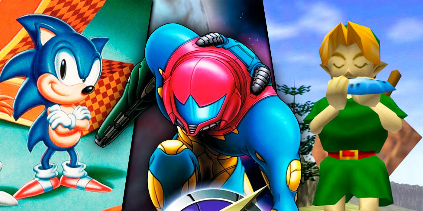 A collage of Metroid Fusion, The Legend of Zelda: Ocarina Of Time and Sonic The Hedgehog 2