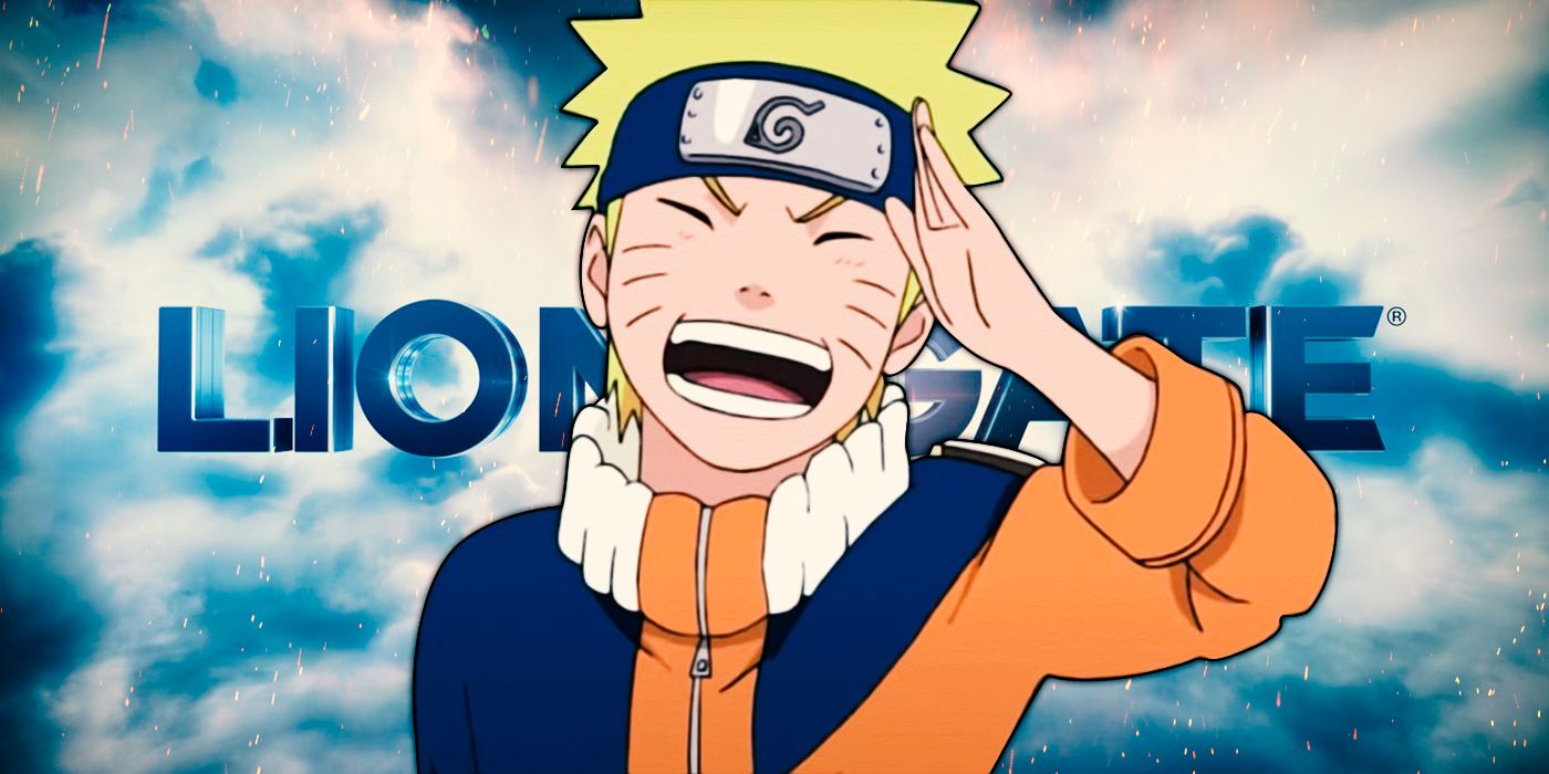 Naruto smiling and saluting with the Lionsgate logo behind him.