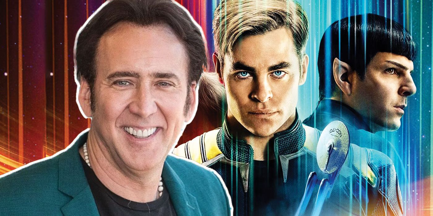 A composite image featuring Nicolas Cage and Kirk and Spock from Star Trek Beyond.
