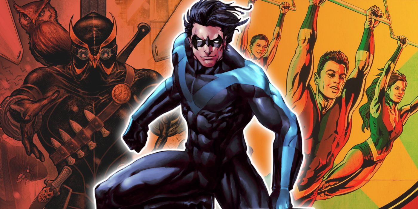 Nightwing with Talon and the Flying Graysons in the background