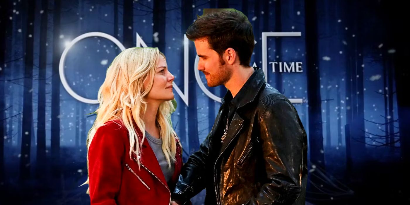 Emma and Hook with the Once Upon a Time header behind