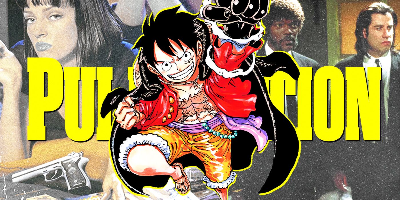 Luffy from the One Piece movie with the Quentin Tarantino movie Pulp Fiction