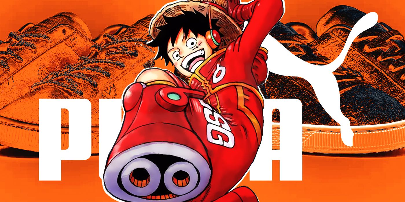 Luffy from One Piece looking excited and the Puma logo with trainers in the background