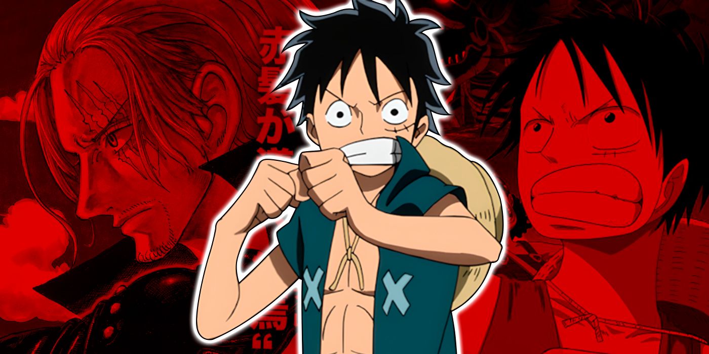 Monkey D. Luffy with his fists up, ready to fight in front of stills from the One Piece Movies