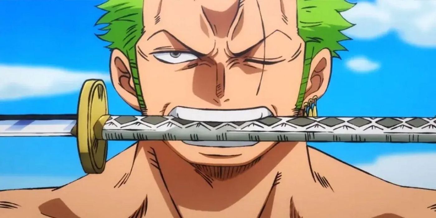 Zoro from One Piece's Wano Country Arc holds the Wado Ichimonji in his mouth.