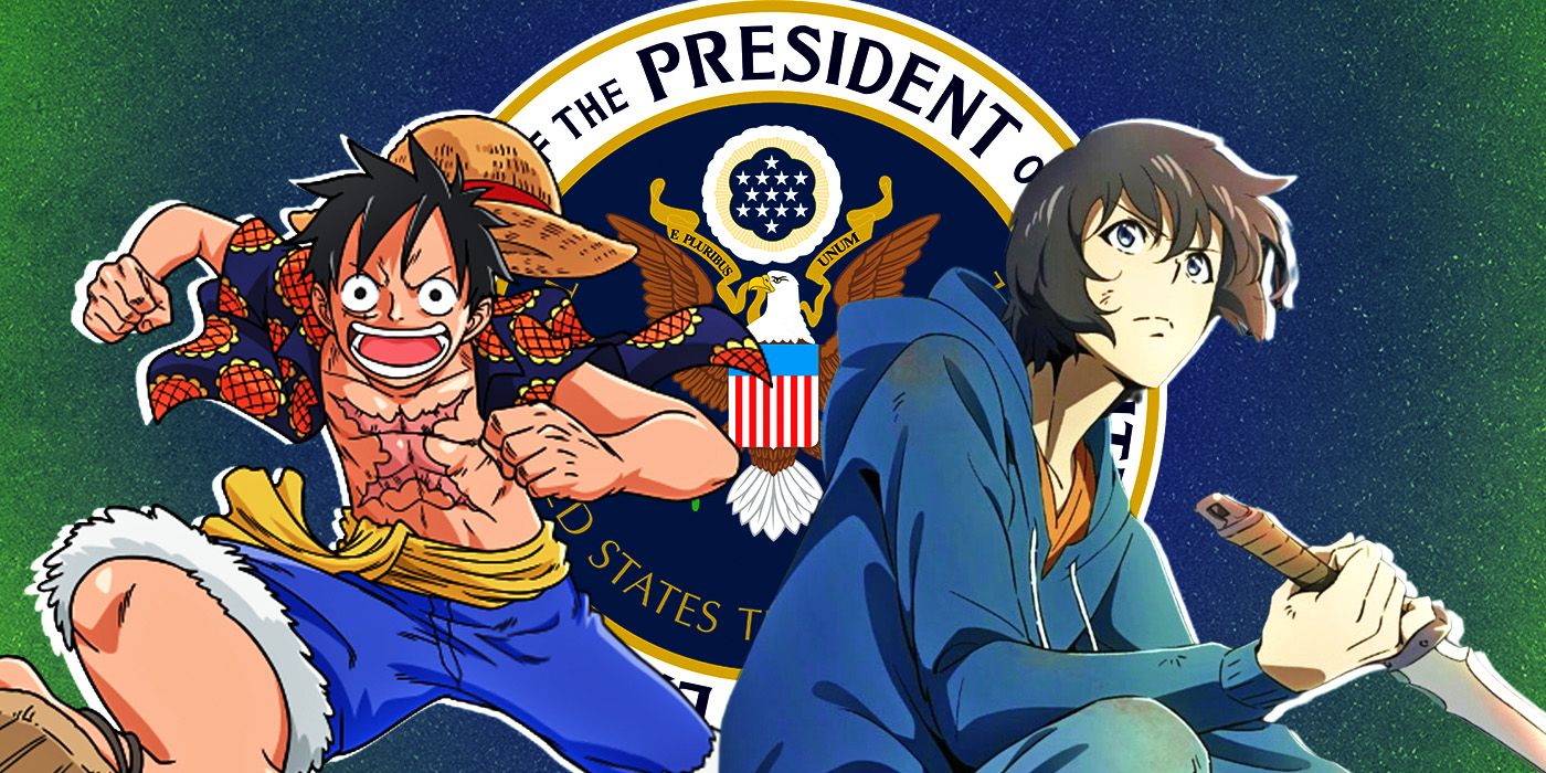 Luffy from One Piece, Jinwoo from Solo Levelling and Office of the US Trade Representative logo
