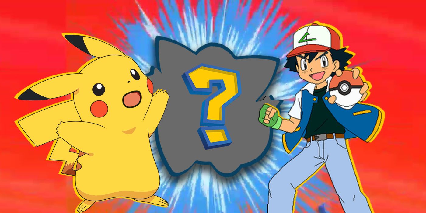 Pikachu looking surprised and Ash Ketchum with a Pokemon silhouette between them