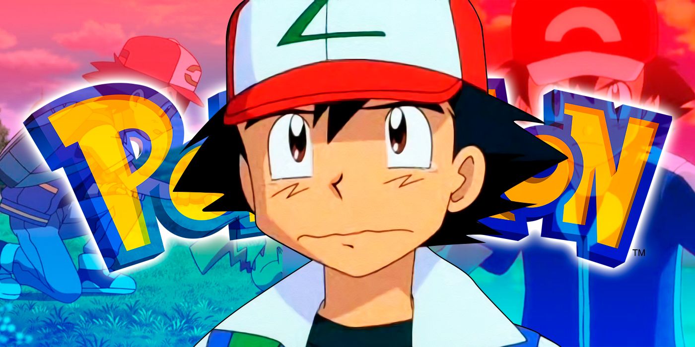 Ash about to cry in Pokemon with the official logo behind him