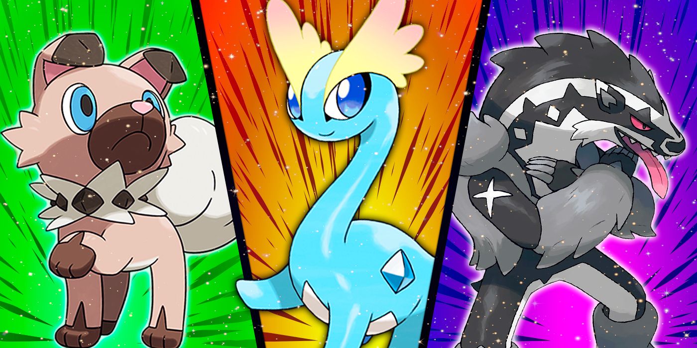 A split image of three Pokemon: Rockruff, Amaura, and Obstagoon