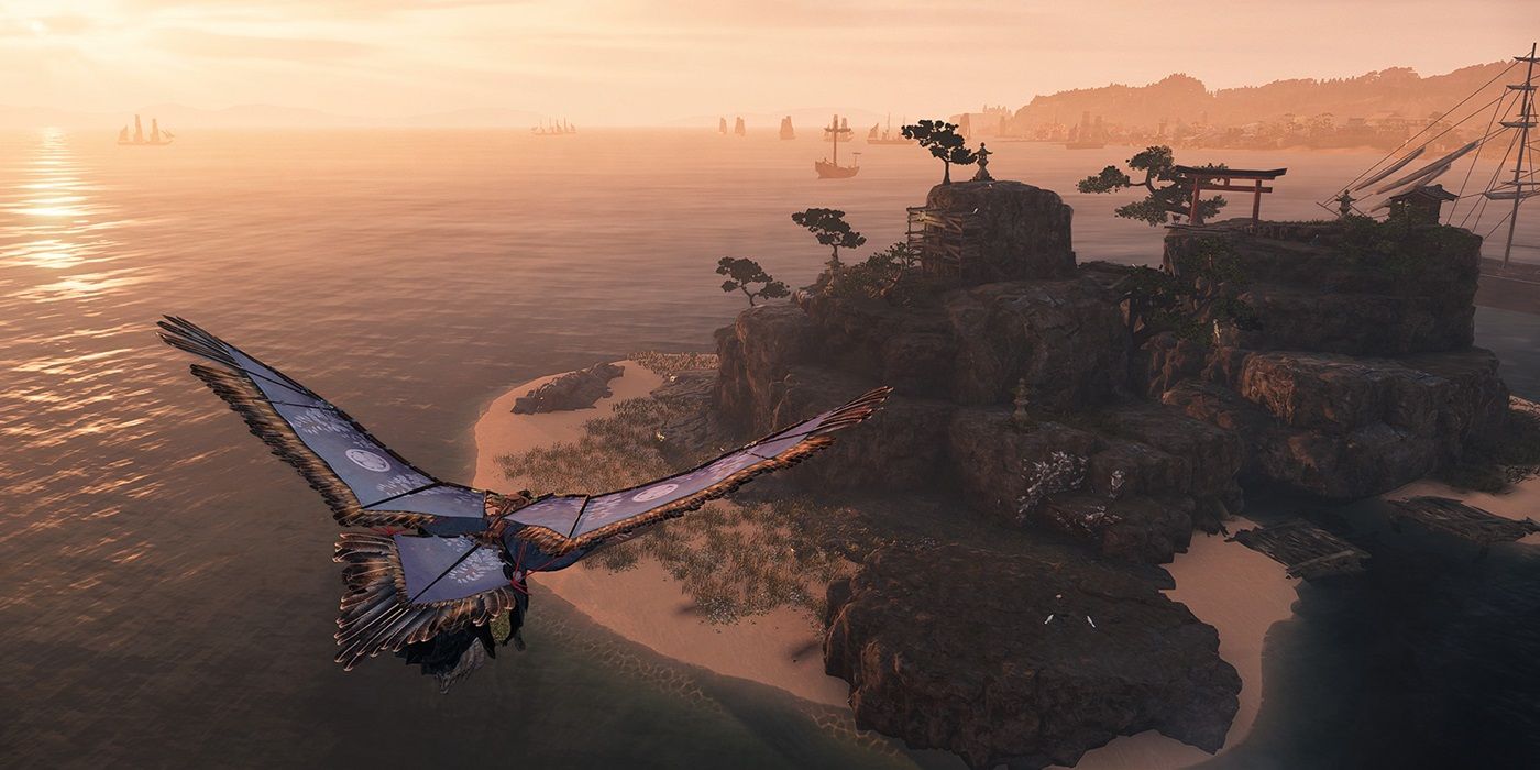 Rise of the Ronin showing the custom protagonist using a glider to fly towards an island.