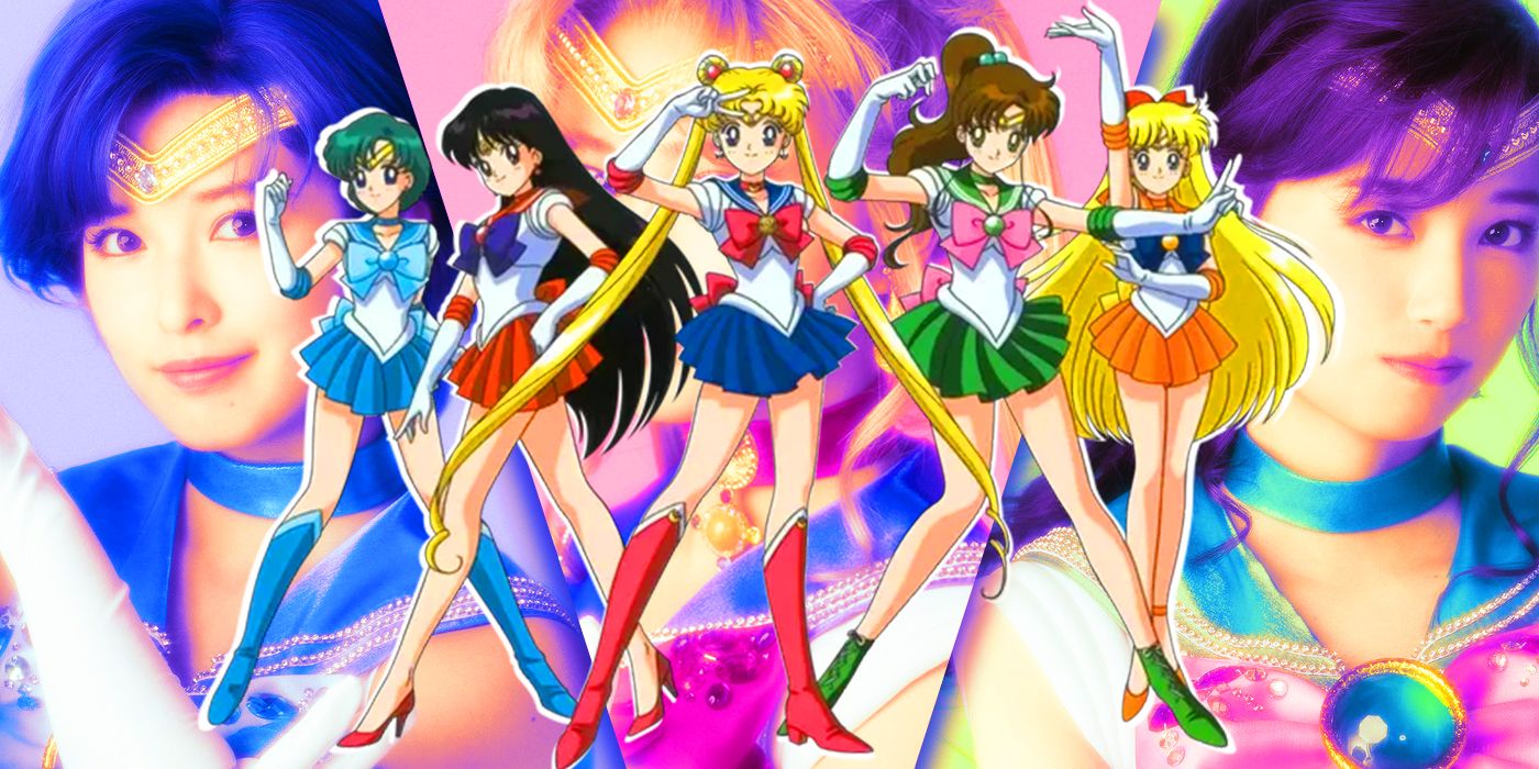 The five main Sailor Moon guardians pose in front of their live-action counterparts