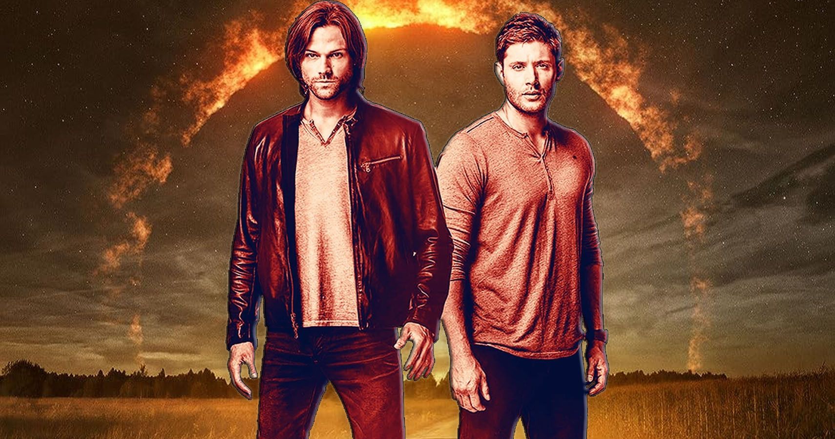 Sam and Dean Winchester staring at the reader against a backdrop of Supernatural's final season poster